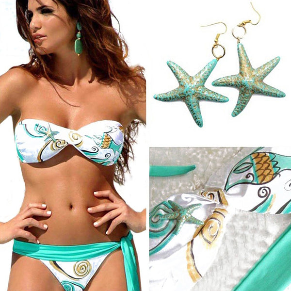 Women Trendy Push Up Lace-up Bra+Low Elastic Waist Side Tiedown Briefs Starfish Print Patchwork Bikini Set Swimsuit