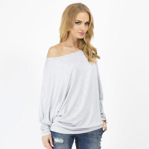 New Brand Cotton Long Batwing Sleeve Round Neck One Shoulder Causal winter T-shirt