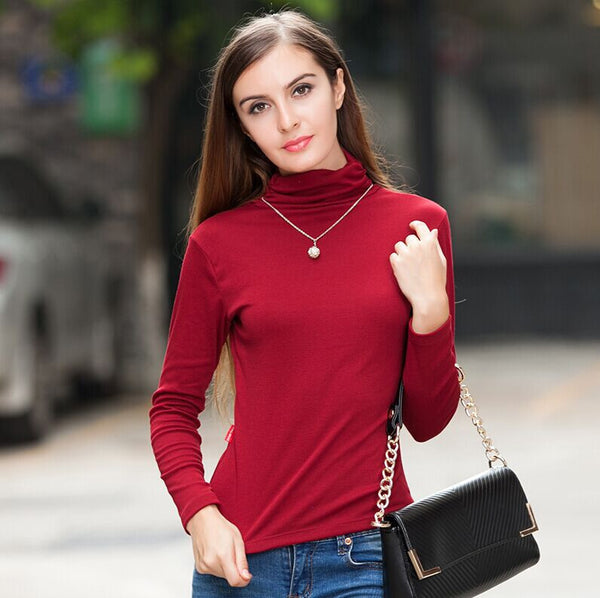 Women Winter Shirts Brand Long Sleeves Solid High Collar Pullover /Wild Section Bottoming Shirt