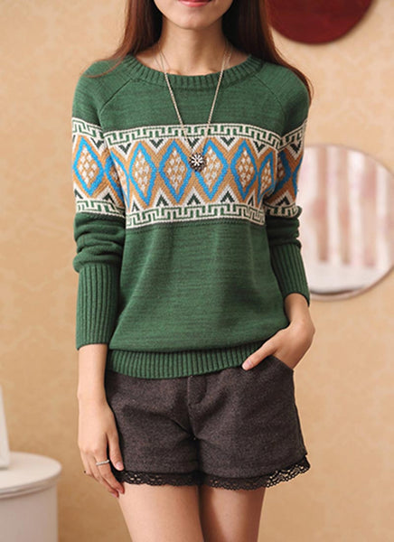 New Casual Women Ethnic Knitted Sweater or Pullovers having Long Sleeves O neck