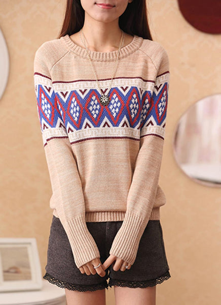 New Casual Women Ethnic Knitted Sweater or Pullovers having Long Sleeves O neck